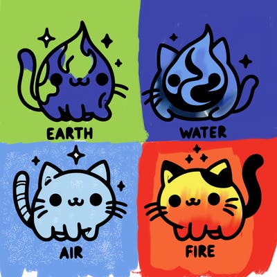 4 cats that represent the different elements, earth, water, air, and fire