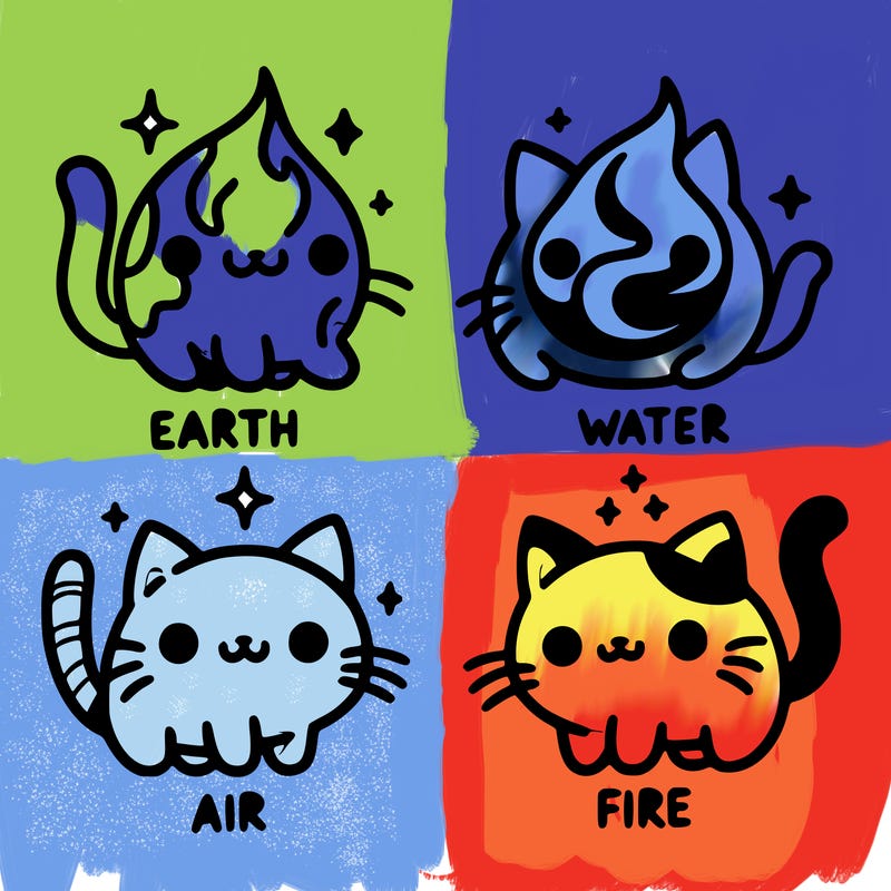 4 cats that represent the different elements, earth, water, air, and fire