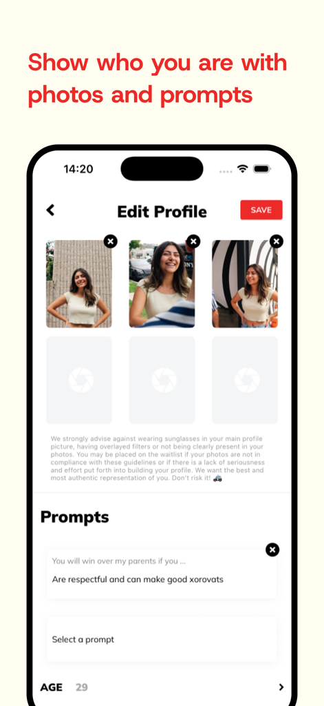 Edit profile screen of the Kyank Armenian dating app showing photos and cultural conversation prompts