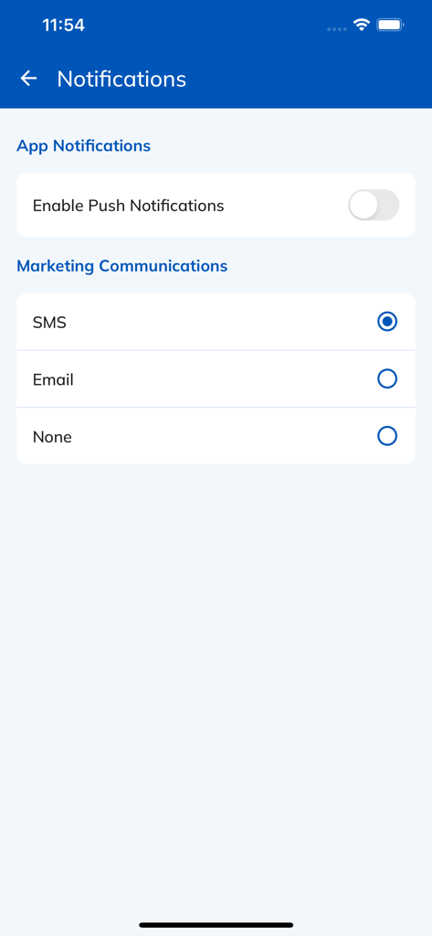 Notification settings screen for the Ampath app showing options for push notifications and marketing communications via SMS or email.