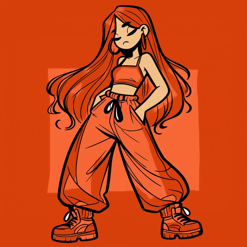 girl in baggy pants crop top and long hair