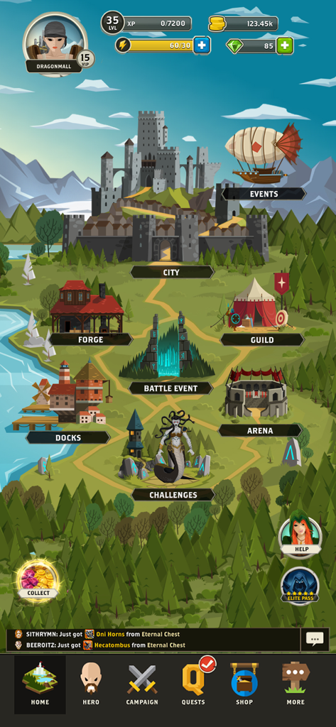 Questland: Turn Based RPG - Questland turn-based RPG world map showing city forge and arena locations