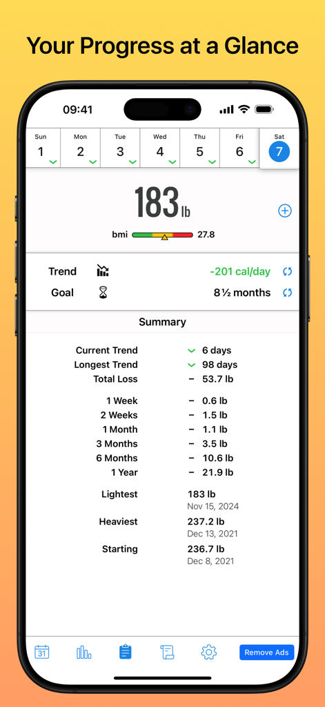 Weight Diary Lite - Weight Diary Lite app dashboard showing weight loss progress summary and BMI
