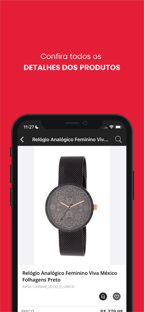 Chilli Beans - Tela do aplicativo móvel Chilli Beans mostrando os detalhes do produto de um relógio analógico preto com estampa floral