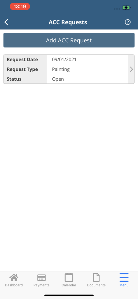 Interface do aplicativo DTA Community Management mostrando uma solicitação do comitê de controle arquitetônico (ACC) para pintura com status em aberto