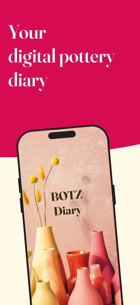 BOTZ Diary - Pantalla de presentación de la aplicación BOTZ Diary con jarrones de cerámica coloridos.