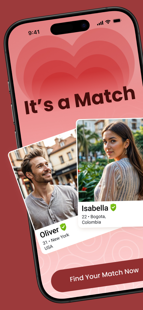 Schermata di abbinamento sull'app ColombianCupid che mostra una connessione tra un uomo a New York e una donna a Bogotà