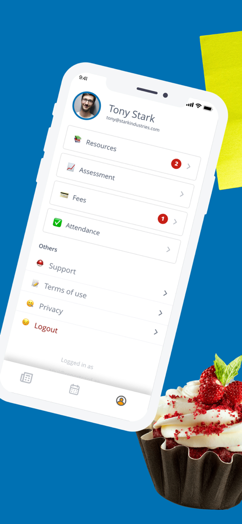 Classcard Student - Classcard 학생 앱의 사용자 프로필 화면이 자료, 평가, 요금 및 출석 추적 메뉴를 보여줍니다.