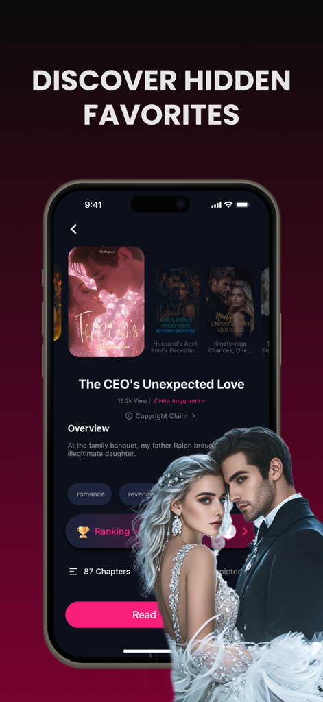 Readora mobile app showing a billionaire romance story titled The CEO's Unexpected Love