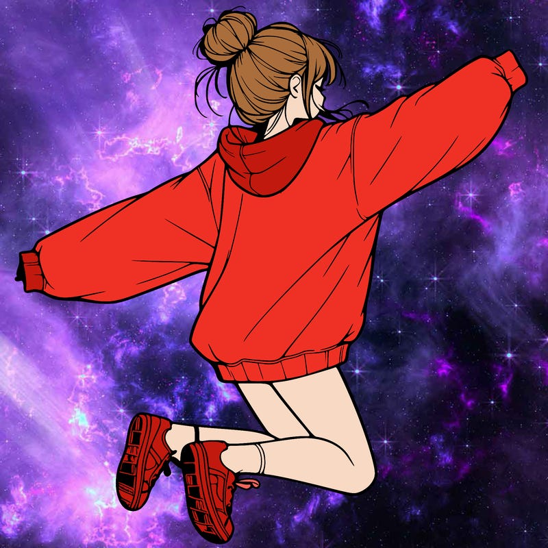 realistic girl jumping with a bun and oversized sweatshirt