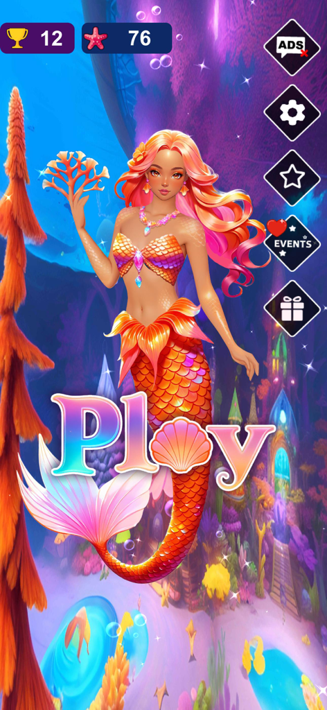 Mermaid Dress Up Game - Start screen of Mermaid Dress Up Game featuring a colorful mermaid in an underwater kingdom with a play button
