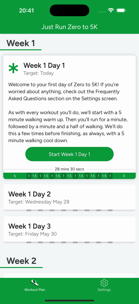 Just Run app interface showing the Week 1 Day 1 running and walking workout plan
