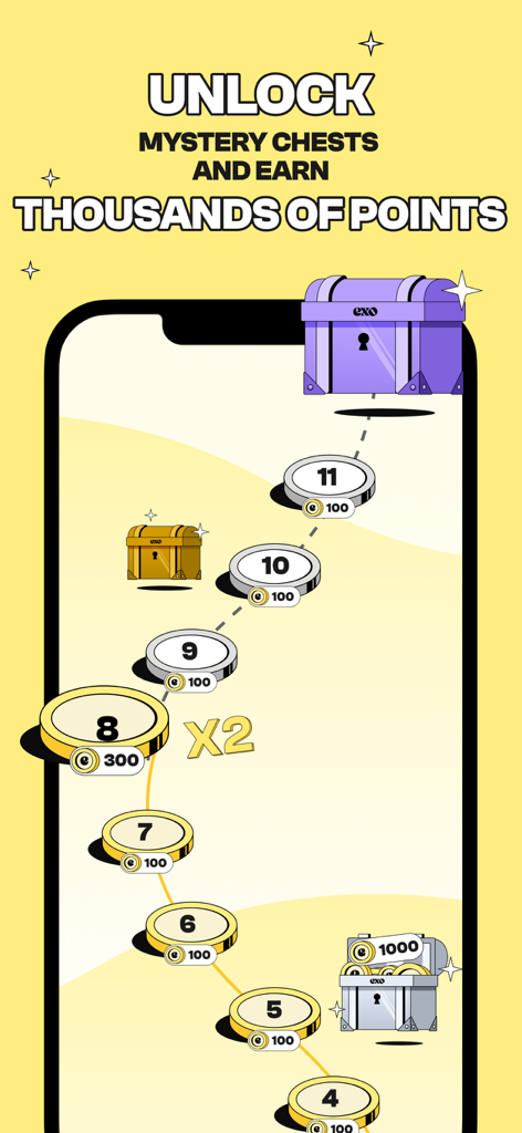 A mobile app interface showing a gamified progress path with coins and mystery chests to earn rewards