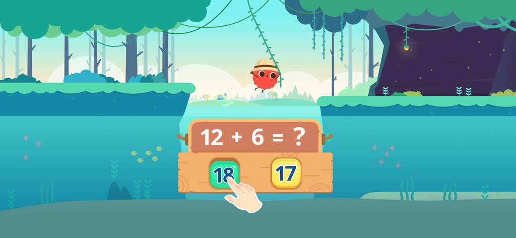 恐竜をテーマにした教育用算数アプリでの、子供向けのインタラクティブな足し算の問題