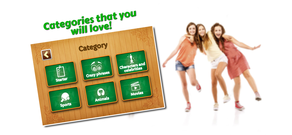 Pantalla que muestra las categorías del juego para la aplicación Charades Guess Word, incluyendo Películas y Deportes, con tres amigos al fondo.