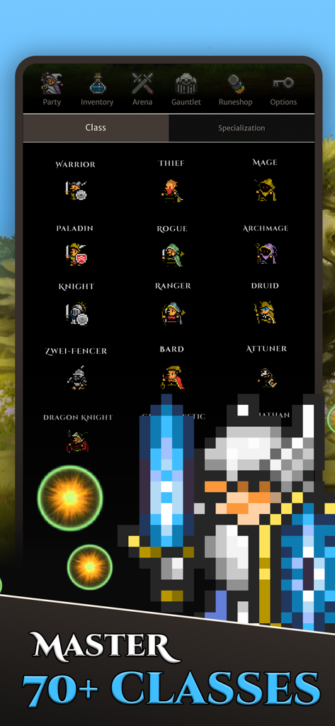 Un menú que muestra varias clases de personajes de 8 bits en el juego móvil Hero of Aethric, incluyendo Guerrero, Ladrón y Mago