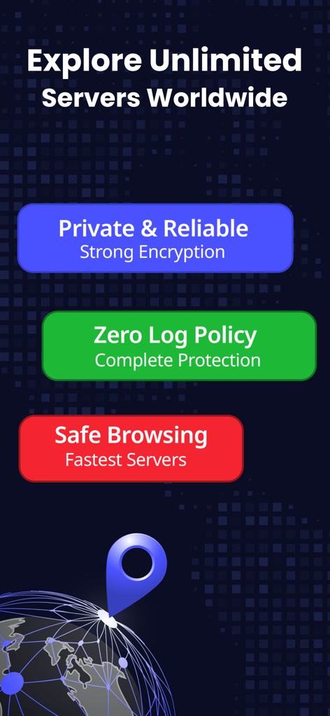 Quick VPN: AI Fast VPN Proxy - Quick VPN app promotional screen highlighting unlimited worldwide servers with strong encryption and zero log policy