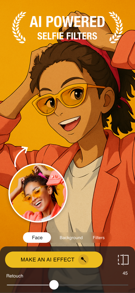 Camly: Photo Editor & Retouch - A screenshot of the Camly app showing an AI selfie filter transforming a real photo into an anime style illustration