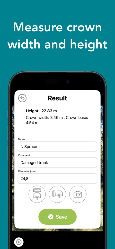 Arboreal - Tree Height - Arboreal app interface displaying measurement results for tree height, crown width, and diameter.
