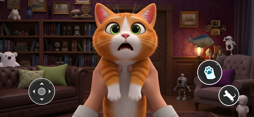 Cat Life Simulator: Cat & Mice - POV gameplay showing a person holding a surprised orange tabby cat in a living room