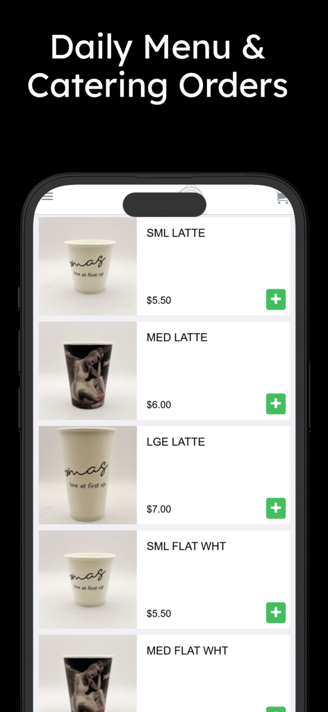 Aromas Cafe - Aromas Cafe mobile app interface displaying the coffee menu with various latte and flat white sizes for online ordering