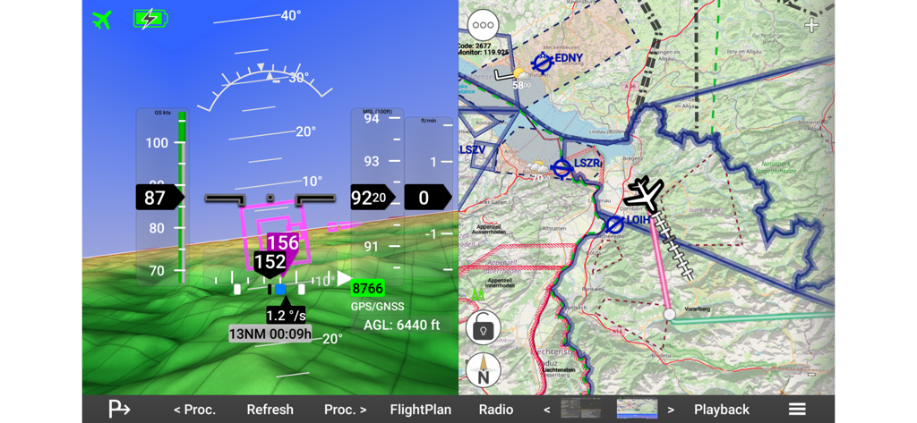 Split screen view of the Horizon Portable Glass Cockpit app showing 3D synthetic vision and a moving aeronautical map