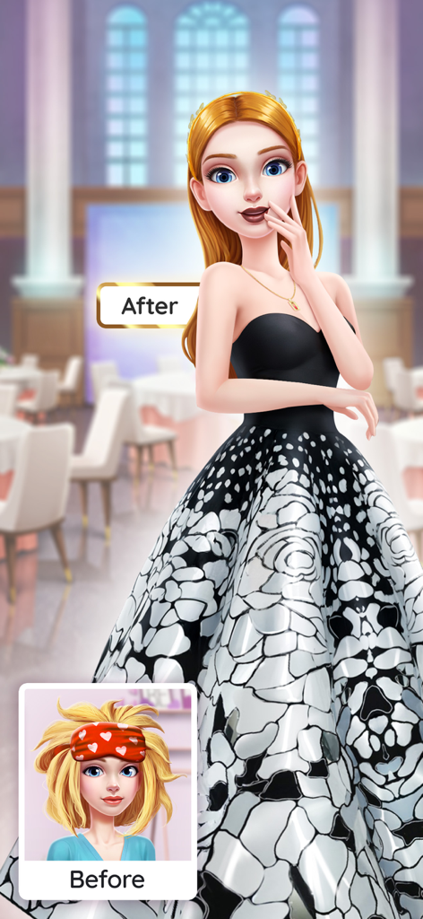 A before and after fashion makeover showing a character transformed into a glamorous ball gown