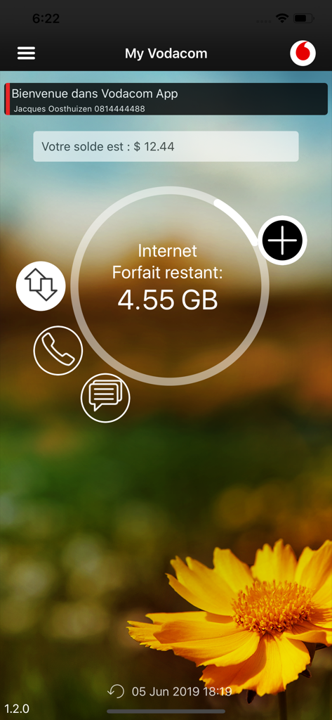 Vodacom RDC App - Dashboard of the Vodacom RDC App showing account balance in dollars and remaining internet data in GB.