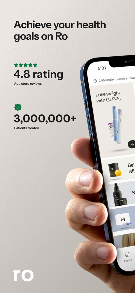 Ro: Online Healthcare - Ro healthcare app display with 4.8 star rating and over 3 million patients treated