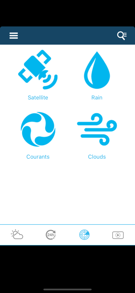 Weather for Spain - Weather for Spainアプリのメニュー、衛星、雨、気流、雲のアイコンが表示されています