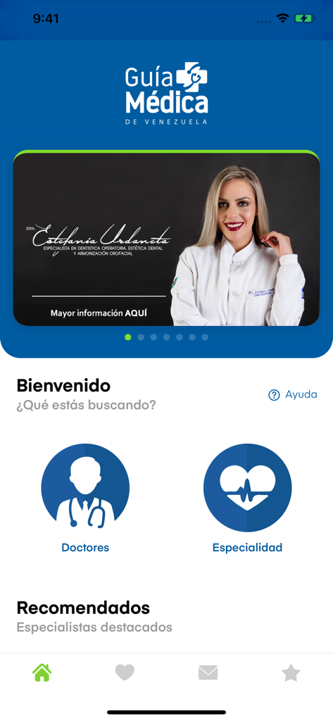 Guía Médica de Venezuela - Home screen of the Guia Medica de Venezuela app showing doctor and specialty search options