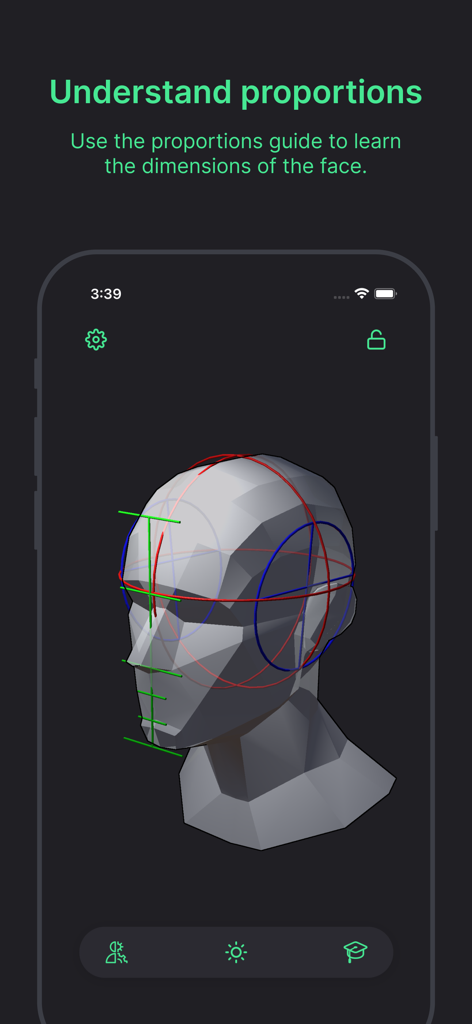 Head Model Studio - Art Study - A 3D head model in an app showing anatomical proportion guides with colored lines for facial study