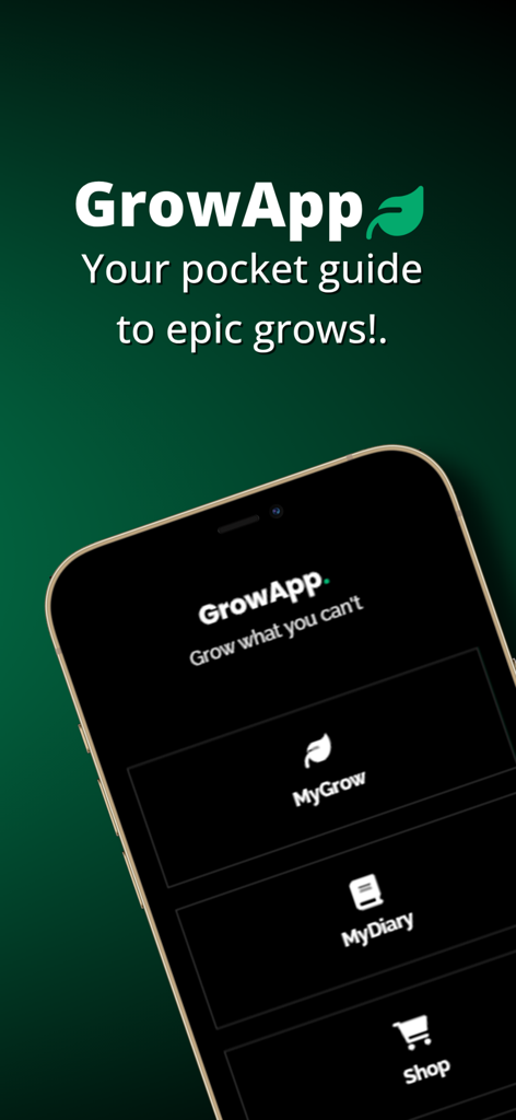 GrowApp | Cannabis App - GrowApp Startbildschirm auf einem Smartphone mit Tools für das Cannabis-Anbau-Management.