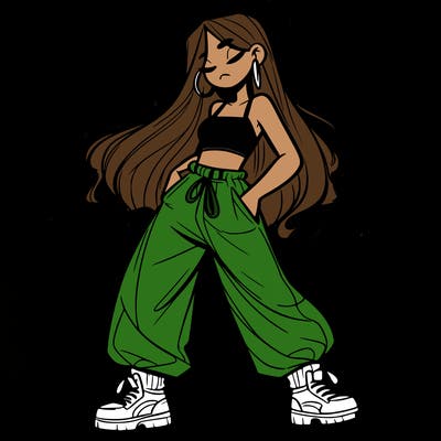 girl in baggy pants crop top and long hair