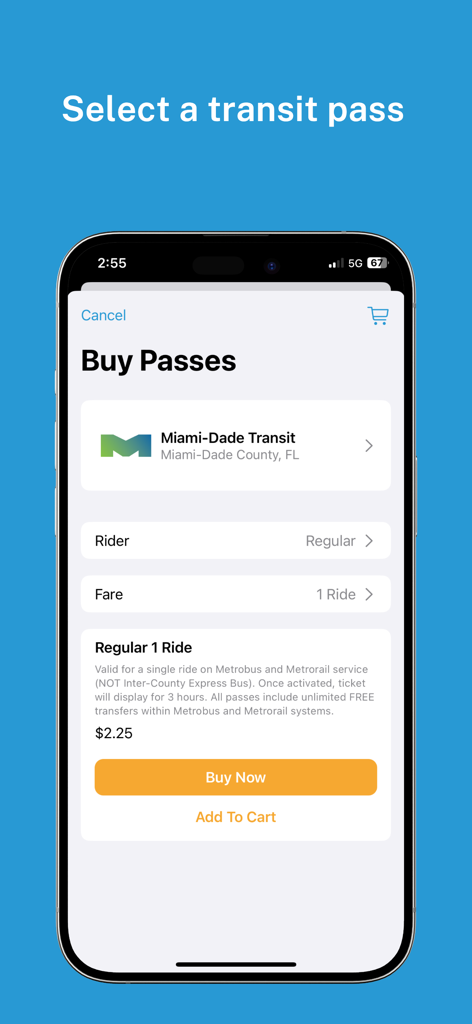 Token Transit - Token Transit app interface showing the option to buy a Miami-Dade Transit regular one ride pass for two dollars and twenty-five cents.
