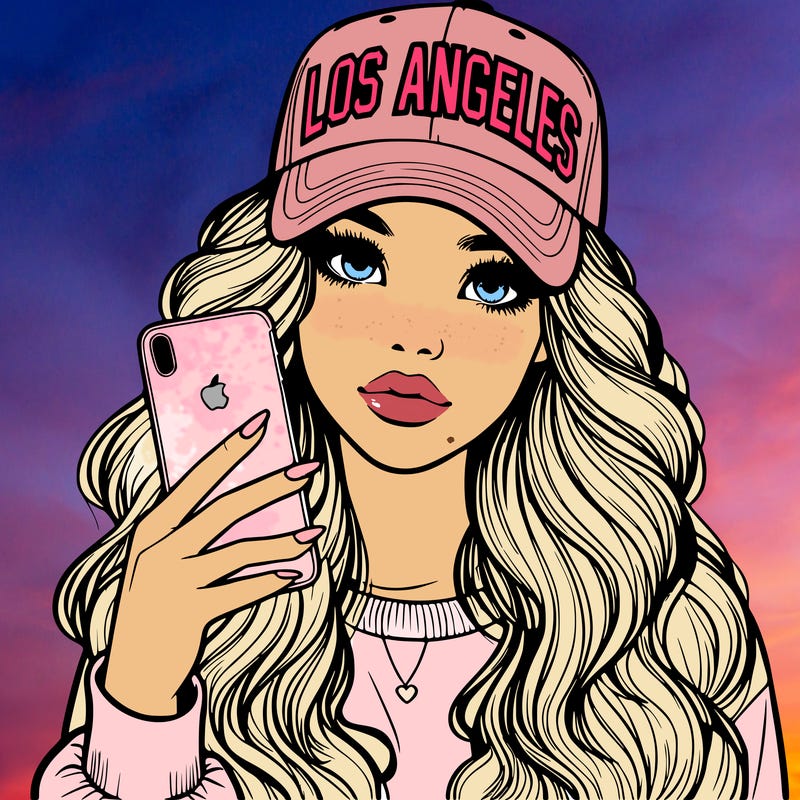 realistic beautiful girl wearing los ángeles cap holding an iphone