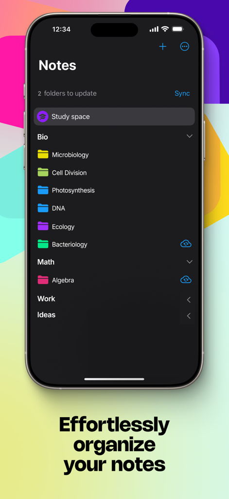 iPhone screen showing organized note folders in MyScript Notes categorized by subjects like Bio and Math
