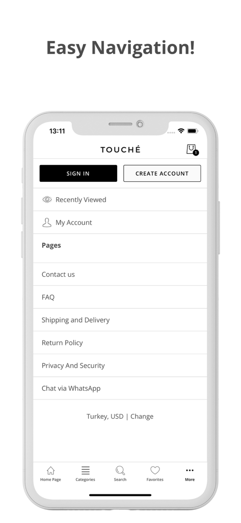 Touché Privé International - Touche Prive app navigation menu showing account settings and support pages