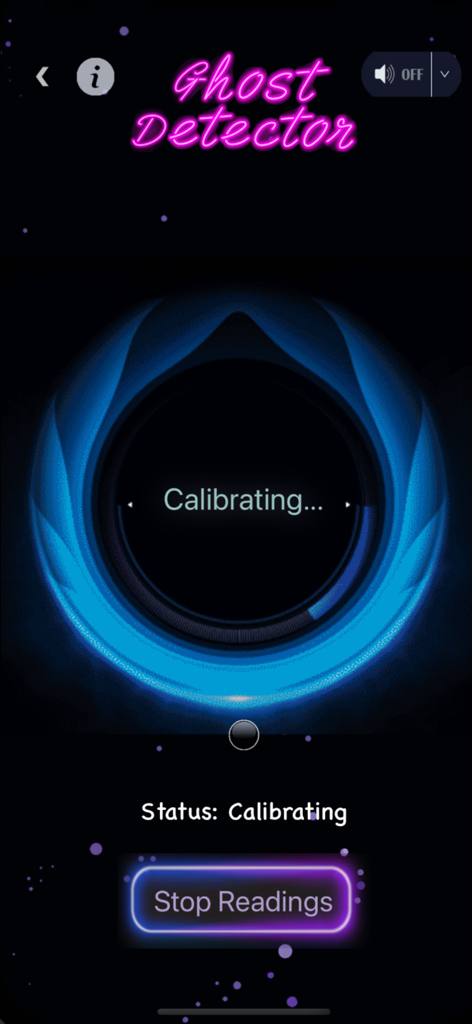 Spirit Entities Talker - Screenshot of the Spirit Entities Talker app showing a ghost detector interface calibrating with a blue circular pulse.
