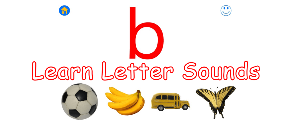 ABC MAGIC PHONICS - Educational interface for learning letter b sounds featuring a ball bananas a bus and a butterfly