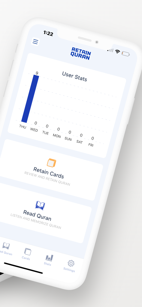 Retain Quran: Learn & Memorize - Panel de la aplicación Retain Quran mostrando estadísticas de usuario y opciones de menú para tarjetas de memoria y lectura