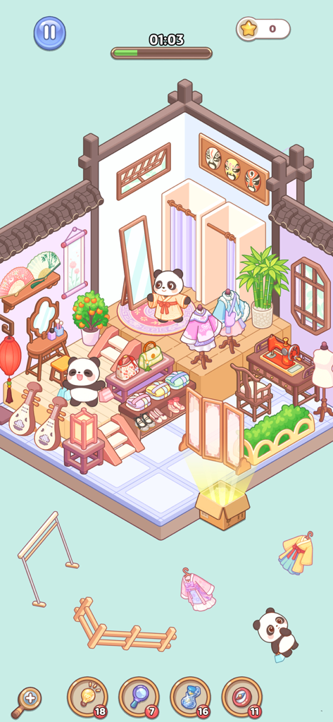 A cute Chinese-themed boutique decorating level in Room Decor Lovely Home featuring pandas and traditional clothing.
