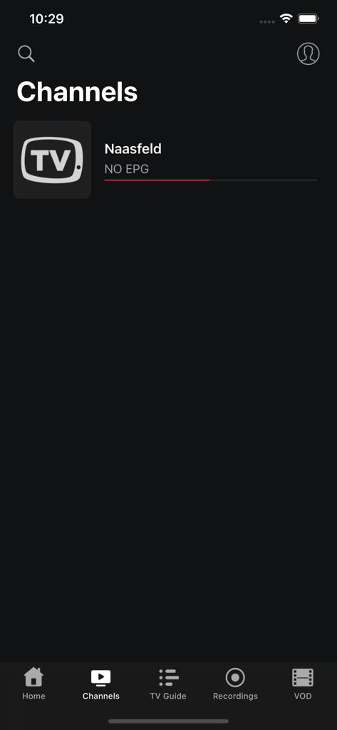 moTV.eu - Interface of the moTV app showing the Channels screen with navigation menu at the bottom