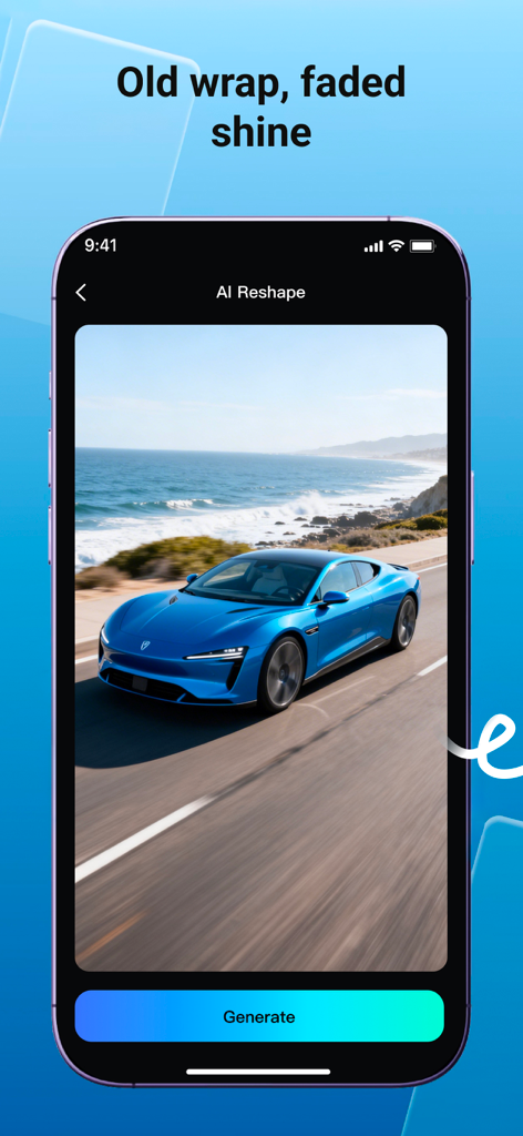 VidMax-AI Reshape,Photo,Video - VidMax app AI Reshape interface displaying a blue sports car driving on a coastal road