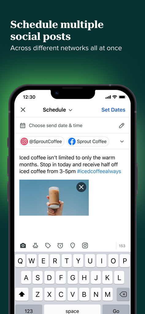 Sprout Social - Sprout Social mobile app interface for scheduling social media posts across multiple networks simultaneously