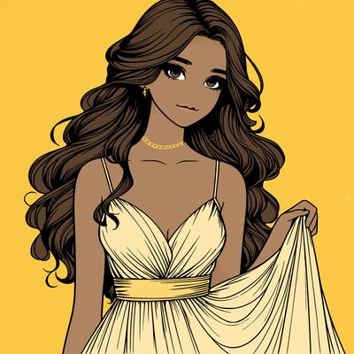 realistic girl in flowy silky prom dress