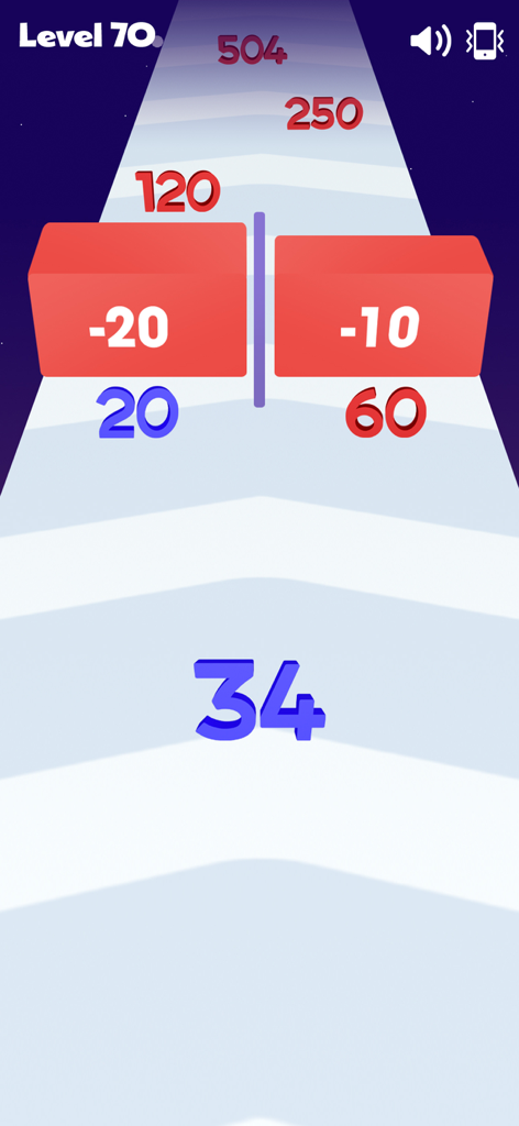 Numbers Merge: Plus and Run - A blue number 34 character running on a track toward red subtraction blocks and target numbers in a mobile game screenshot.