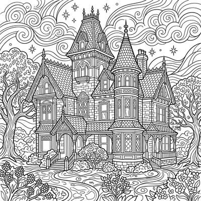Dive into the elegance of the Victorian era with this captivating mansion coloring page. Perfect for teens, this intricate design features ornate architecture, lush surroundings, and a touch of fantasy in the swirling sky, promising hours of creative fun.