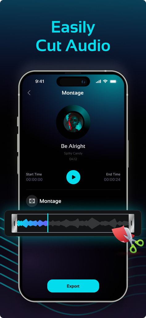 AI Isolate Vocals: Song Splits - User interface of the AI Isolate Vocals app displaying the audio trimming and cutting tool with a song waveform