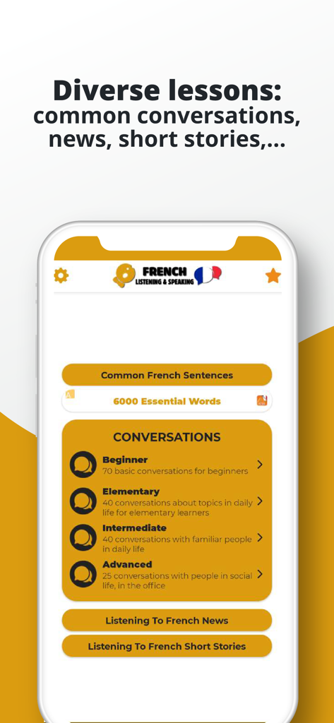 French ー Listening・Speaking - French language learning app menu featuring conversation levels news and stories